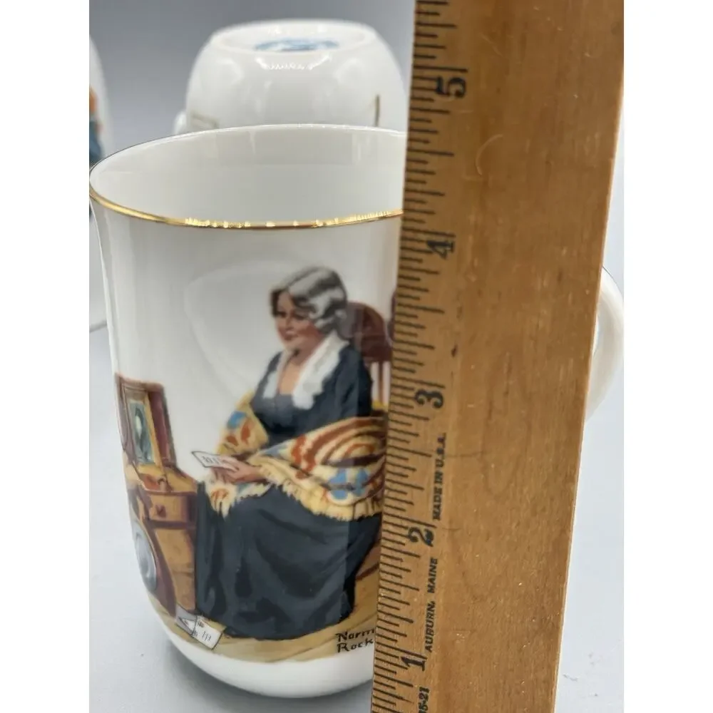 Set 5 Norman Rockwell Museum Coffee Mugs Japan Gold Rim Vintage Cups
